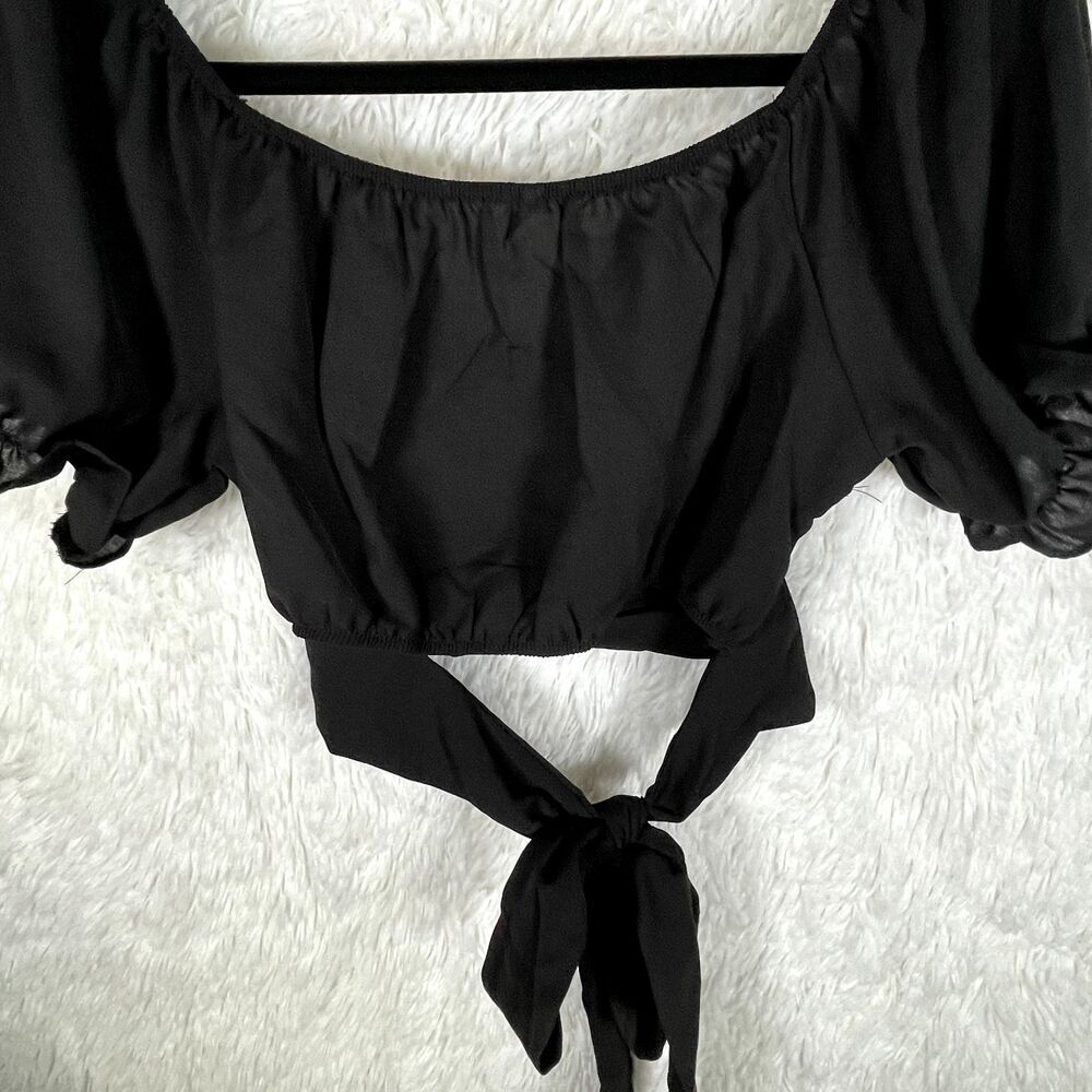 Boutique Tie Back Black Crop Top Peasant Blouse Womens Size Large - Picture 7 of 8
